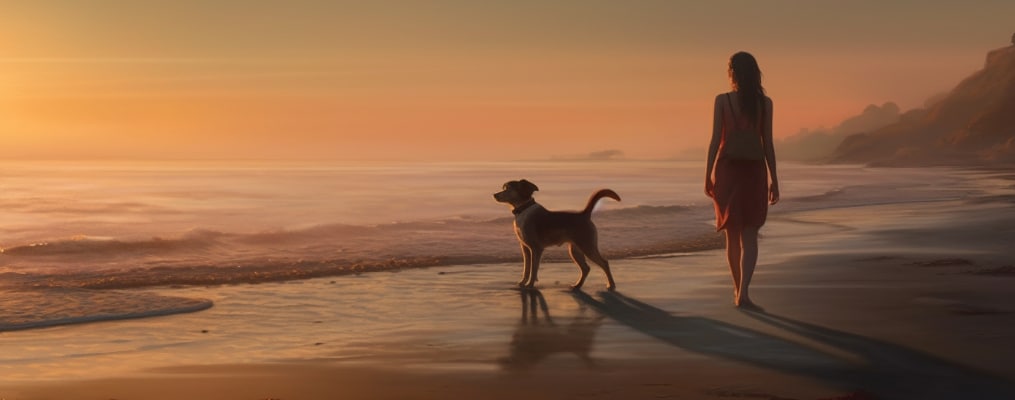 woman walking dog on beach