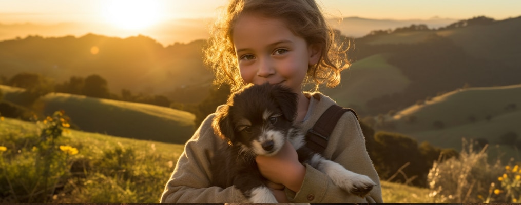 young girl holding her puppy looking at camera