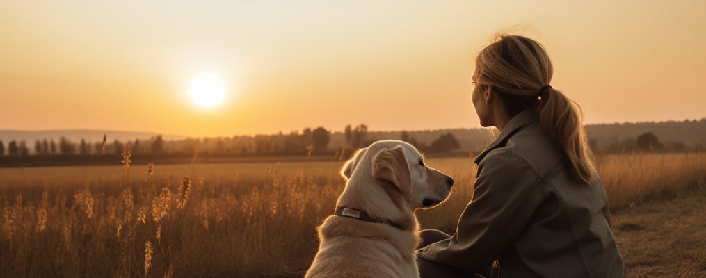 woman trainer crouching over dog